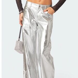 New with tags Edikted Silver Metallic Faux Leather Festival Pants Shimmer Jeans